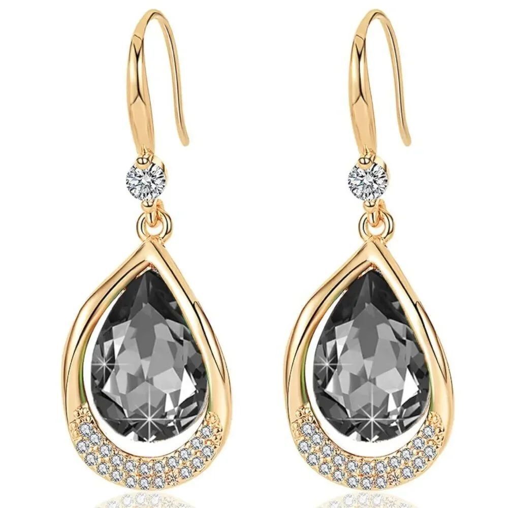 14K Yellow Gold and Charcoal Gray Austrian Crystal Teardrop Halo Hook Earrings